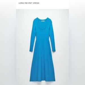 Zara Feminine Bold Blue Long Rib Knit Sweater Dress